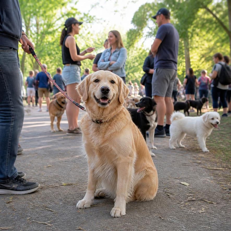 Calm golden retriever sitting on a loose leash in a busy park
