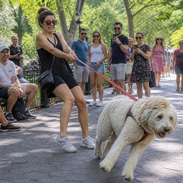 Owner being pulled across a park path by a lunging doodle while onlookers watch